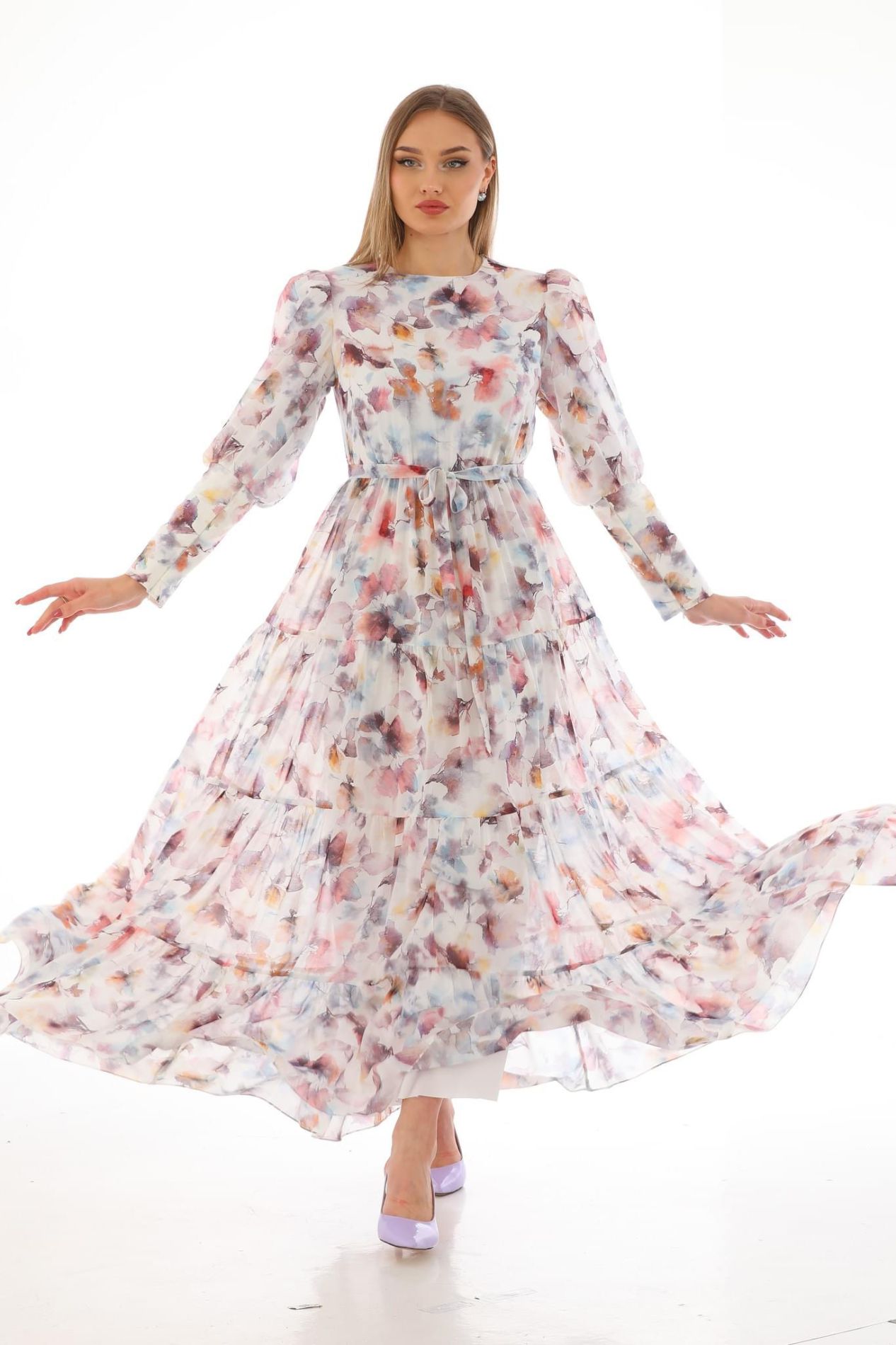 Orkide desen şifon elbise