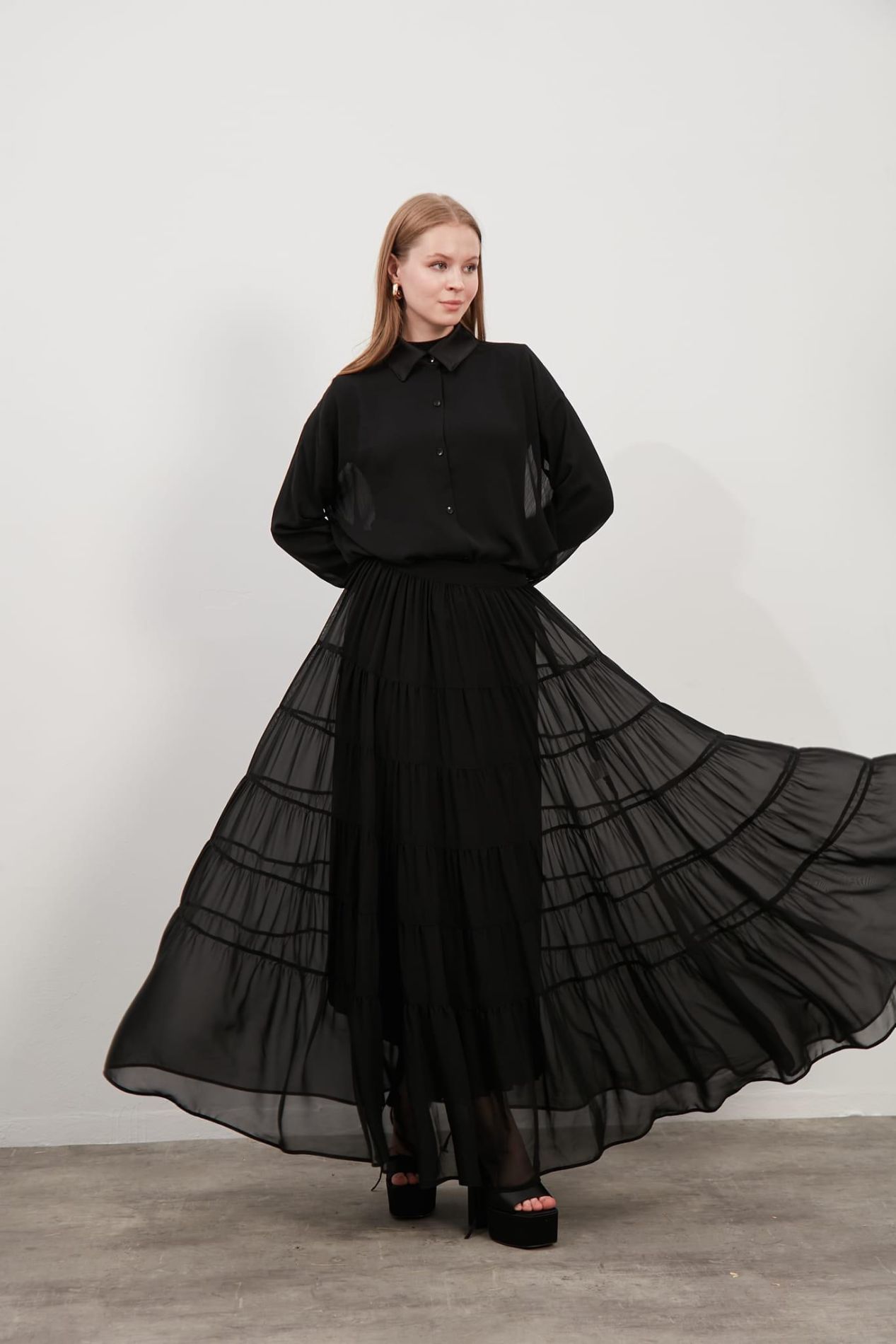 Şifon Fırfırlı Etek Bluz Takım